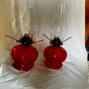 2 Vintage LampLight Farms Ruby Red Glass Globe Oil Lamp 15” Tall